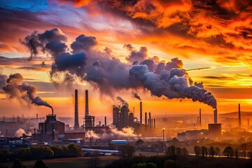 Industrial Smoke Emissions at Sunset - Panoramic View of Pollution and Nature's Beauty
