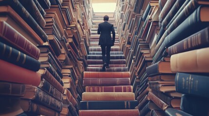 Personal Development Shown as a Figure Climbing a Staircase of Books