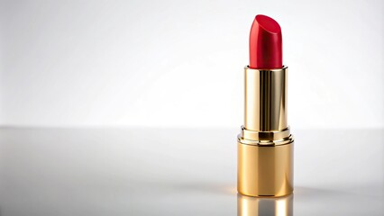 Red lipstick with gold cap on white background