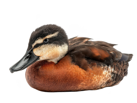Close-up of a vibrant, colorful duck with striking brown and black plumage on a white background.