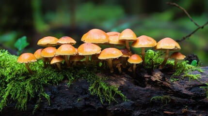 Fototapeta premium mushrooms growing on a fallen log in a dense forest, surrounded by vibrant green moss. 4