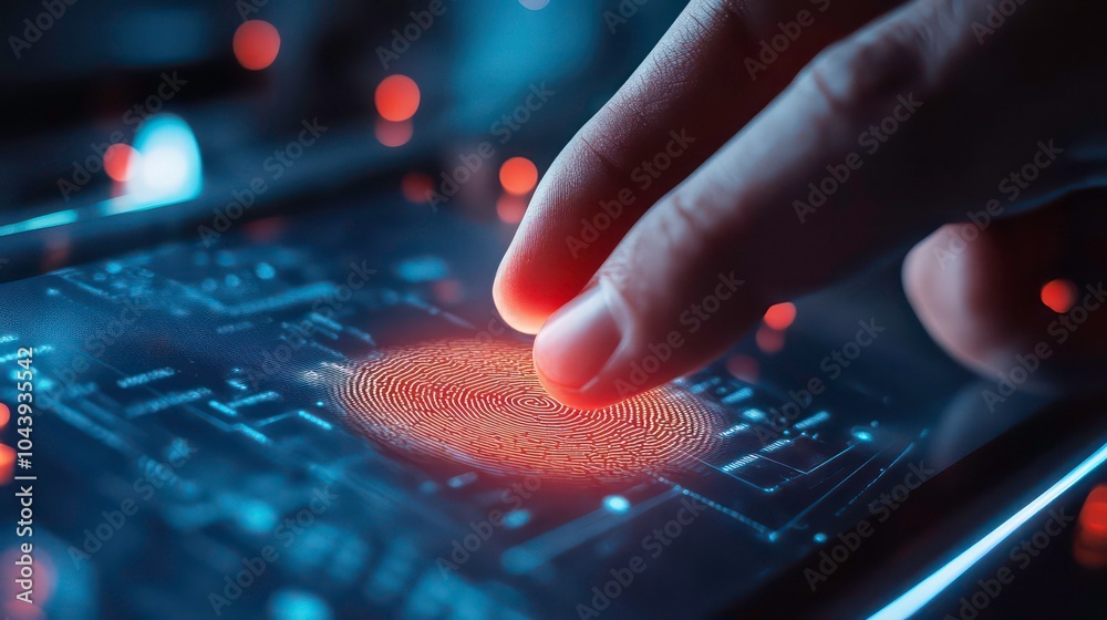 Poster a close-up of a finger scanning a digital fingerprint on a touch screen.