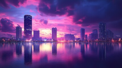 Fototapeta premium Vibrant pink sunset over a cityscape reflected in a calm body of water.
