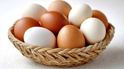 chicken eggs in a woven basket, displaying shades of white, brown, and cream.