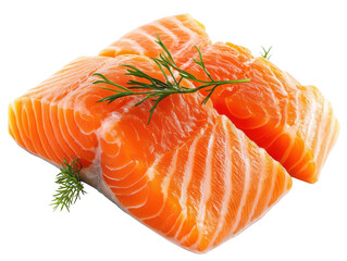 Fresh salmon fillets with dill garnish, showcasing vibrant orange hues and rich marbling on a white background.