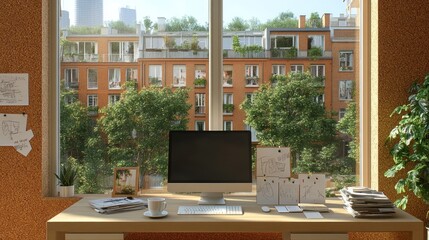 Fototapeta premium Cozy office with a view of greenery and architecture.