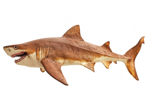 Realistic model of a shark with open mouth and sharp teeth, isolated on a white background.