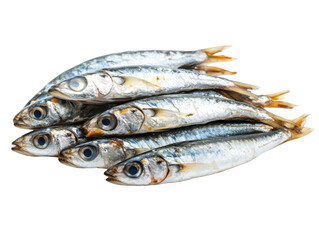 A close-up of fresh silver sardines stacked in a pile, displaying their shiny scales and vivid blue eyes.