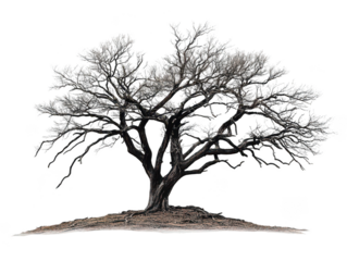 Leafless tree with intricate branches, standing solitary on a small mound.