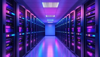 Fototapeta premium Advanced data center with sleek black server racks and glowing LEDs, emphasizing the technology and organized structure of network management