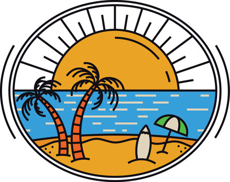 recommend clip art: Beach illustration monoline or line art style, design can be for t shirts, sticker, printing needs Pro Vector