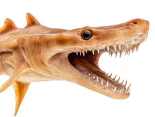 Close-up of a prehistoric-looking, toothy fish with sharp teeth and a distinctive elongated snout.