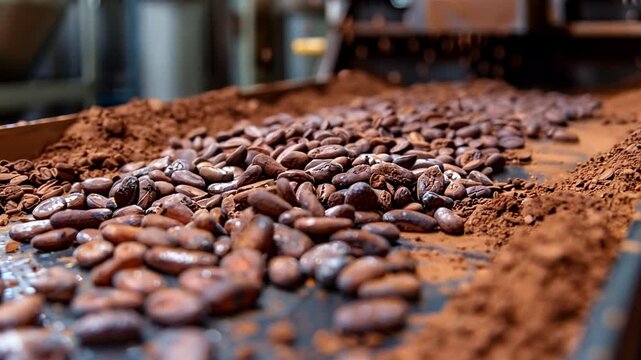 This Cocoa beans are laid out on a conveyor belt, showcasing the chocolate-making process.