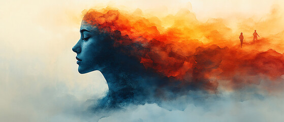 Abstract Watercolor Painting of a Woman with a Fiery Sky Above