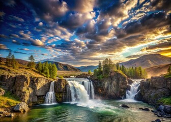 In the serene wilderness of Mongolia, a stunning waterfall flows beneath a striking sky, showcasing the breathtaking beauty of nature in perfect harmony.