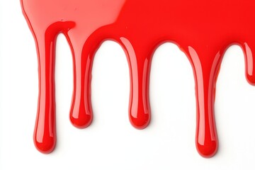 Close-up of vibrant red liquid dripping down, with glossy, viscous texture and soft lighting, creating a dramatic and visually striking effect