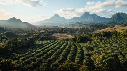 Fototapeta premium Aerial view of rural landscape of Aguia Branca, ES, Brazil, highlighting conilon coffee plantations set against the backdrop of rocky mountains.