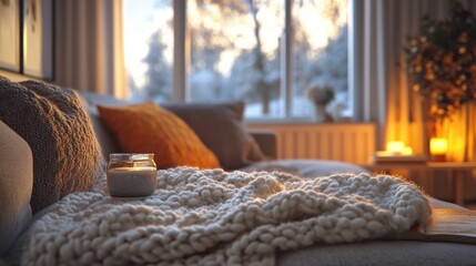 Burning candle resting on knit blanket on sofa by window in winter