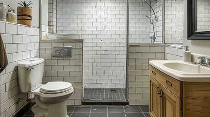 Elegant bathroom with freestanding tub, wooden vanity, and tiled walls in soft natural light