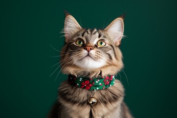 Maine Coon cat wearing a Christmas-themed collar with tiny bells and holly. The cat sits regally on a solid dark green background