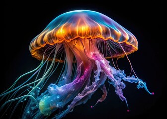 Intriguing jellyfish detail showcased on a stark black backdrop, ideal for mesmerizing product photography designed to elevate your visual storytelling and brand identity.