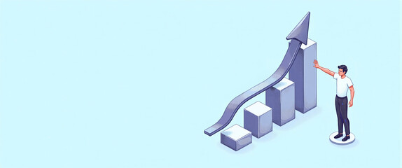 Fototapeta premium Graphic illustration of a person standing next to a block diagram, constantly growing capital and increasing profit from money deposits, success model