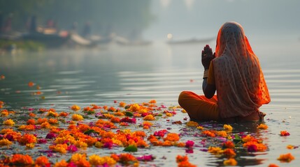 A devotee offers prayers near the river, surrounded by colorful flowers on Makar Sankranti