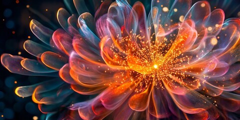 Obraz premium A vibrant abstract flower blooms in striking colors. This digital art piece showcases swirling petals and luminous sparks of light. Ideal for creative projects. AI