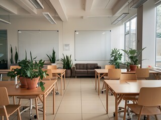 Fototapeta premium Bright and Airy Modern Coworking Space or Office with Plants and Whiteboards