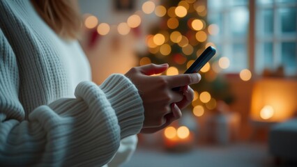 Close up, white skin female hands holding phone, white wool sweater, white Christmas room in background, Christmas lights and bokeh 