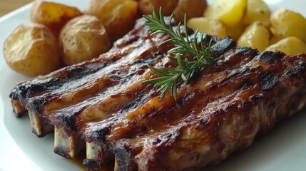 Savory Grilled Ribs with Potatoes and Rosemary Garnish