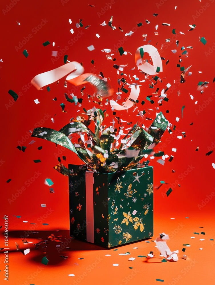 Poster the gift box erupts with a playful mix of confetti and ribbons, creating a festive atmosphere perfec