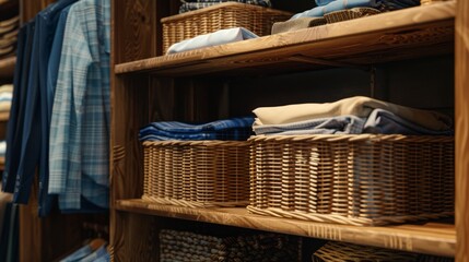 Organized Closet with Woven Baskets and Wooden Shelves