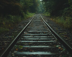 Obraz premium A serene view of overgrown railway tracks surrounded by lush greenery, evoking a sense of calm and adventure in nature.