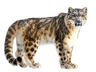 Fototapeta premium Majestic snow leopard standing, showcasing its beautiful spotted fur and intense gaze.