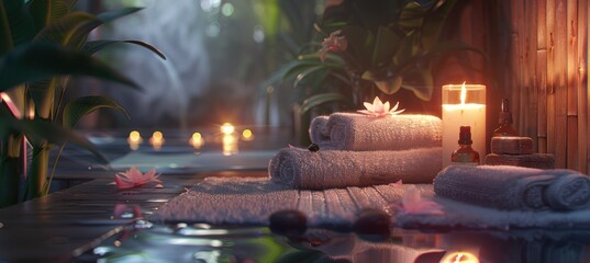 Tranquil Spa Setting with Candlelight and Essential Oils for Wellness Retreat Banner