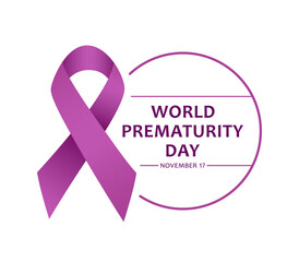 World Prematurity Day, vector design for poster, sign or banner. Purple ribbon and text World Prematurity Day, november 17 isolated on white background.