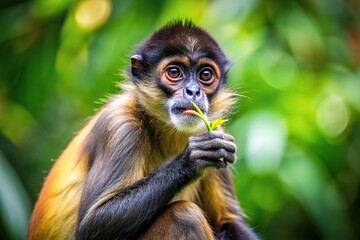 Fototapeta premium Close-up spider monkey eating in lush rainforest