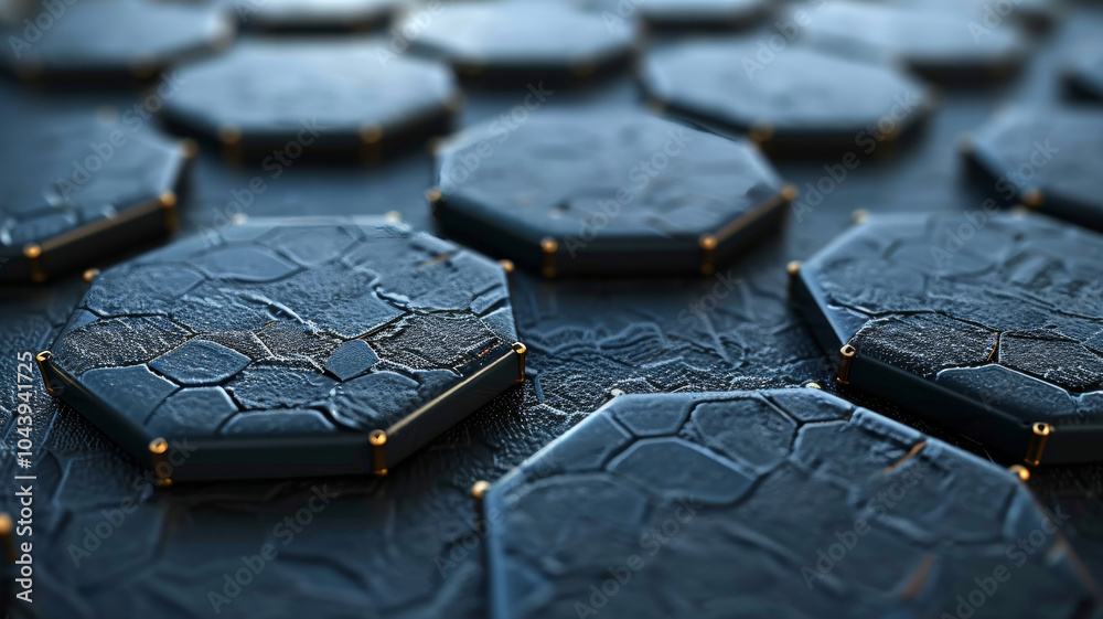 Poster Hexagonal tiles with a textured surface are arranged closely on a dark backdrop. The subdued lighting enhances the intricate patterns and materials of the tiles, creating an elegant design.