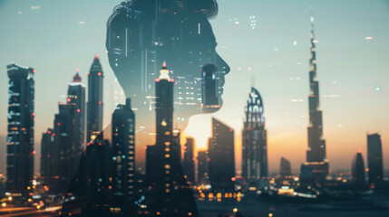 Fototapeta premium Silhouette of a woman against a sunset cityscape featuring skyscrapers and urban lights in a vibrant metropolis