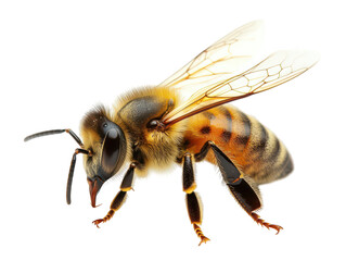 Close-up of a honey bee showcasing detailed wings and vibrant coloring.