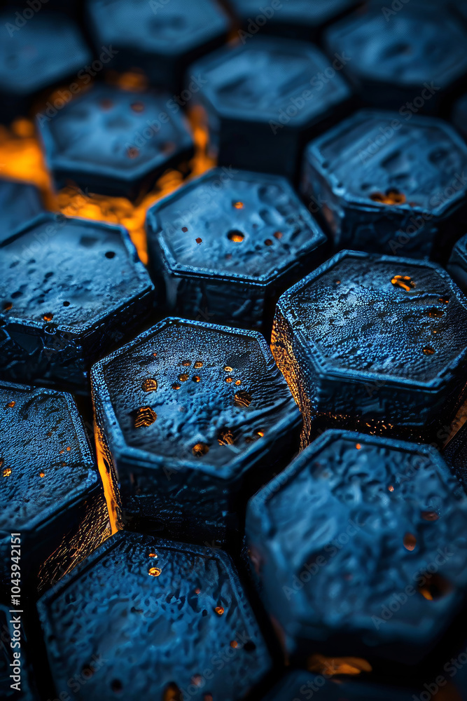 Poster a series of hexagonal tiles are arranged closely together, featuring a textured blue surface with sm
