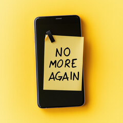 'No More Again' Sticky Note on Phone on a Yellow Background. Digital Detox Reminder, Addiction Control. Generative AI