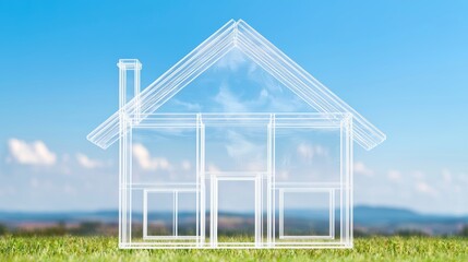 Transparent home outline on a grassy plain, clear sky and distant hills creating a serene setting for imagining future home building