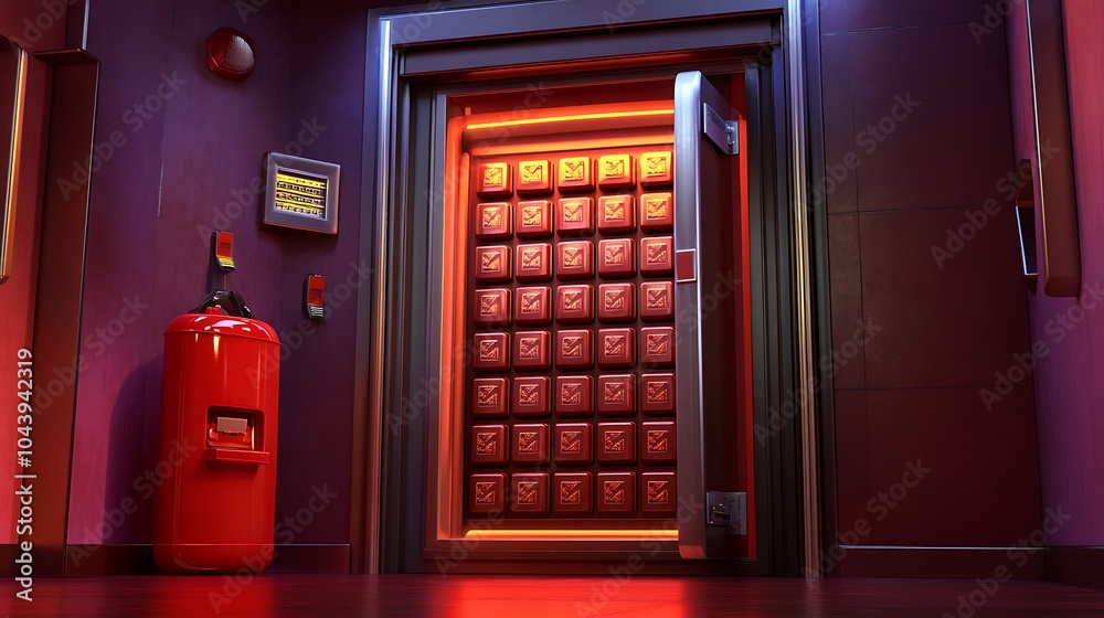 Wall mural Red Door with a Pattern of Squares in a Dark Room.