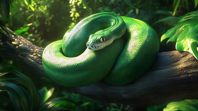 Green Tree Python Coiled on Branch in Tropical Rainforest.