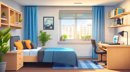 Modern bedroom with a comfortable bed, a work desk, and a window with a view.