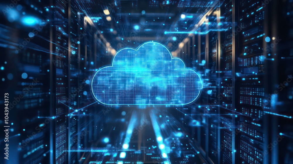 Aufkleber A glowing blue cloud icon hovers in a server room, representing cloud computing and data storage.