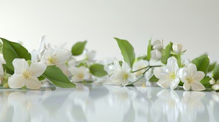 Fototapeta premium White Jasmine Flowers with Green Leaves - Floral Photography