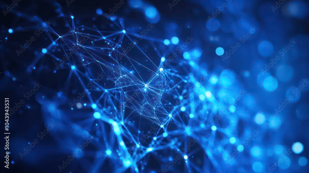 Poster abstract blue network of glowing lines and dots on a black background.